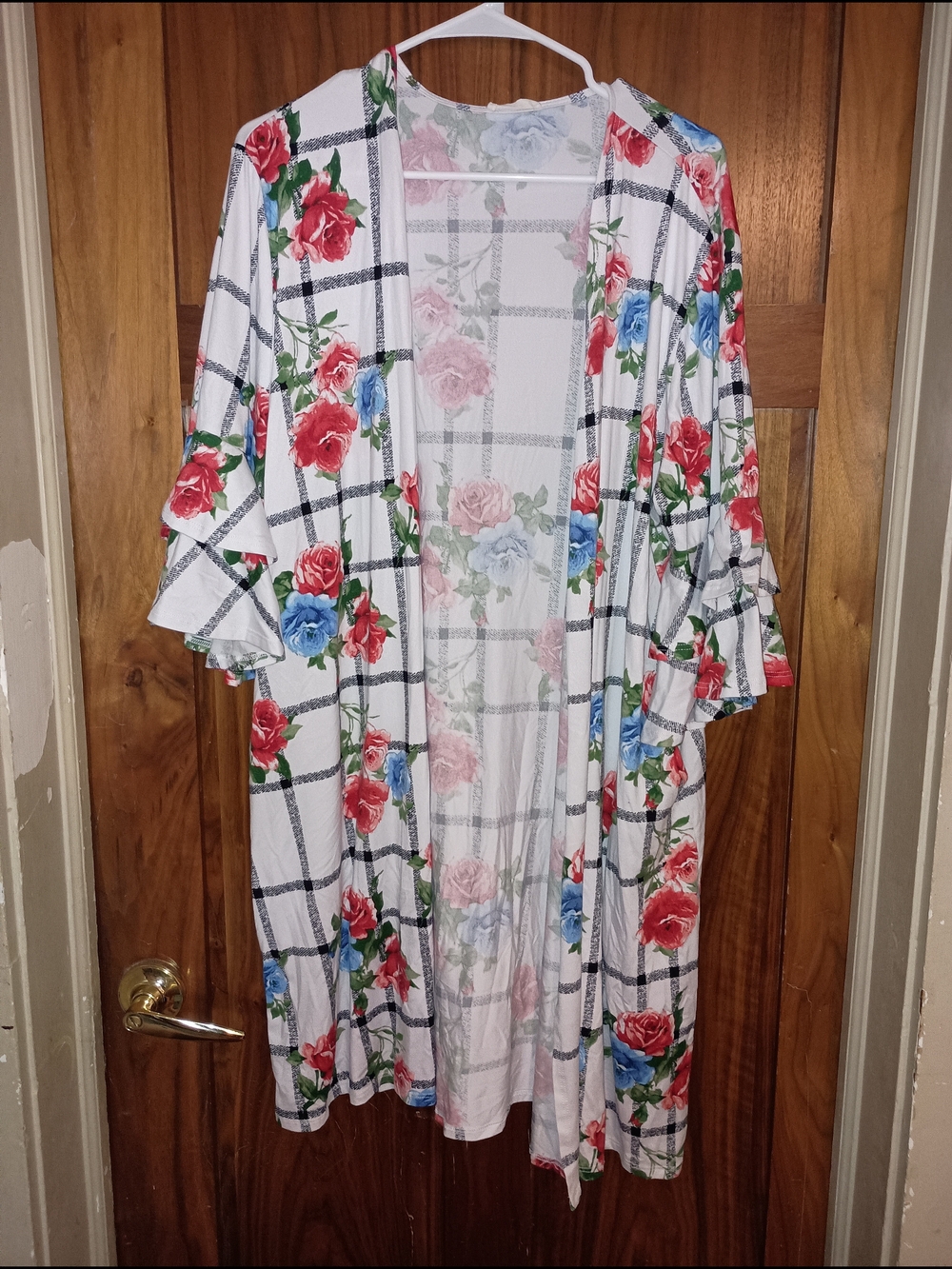ODDY White Open-Front Floral Plaid Kimono with Red & Blue Roses